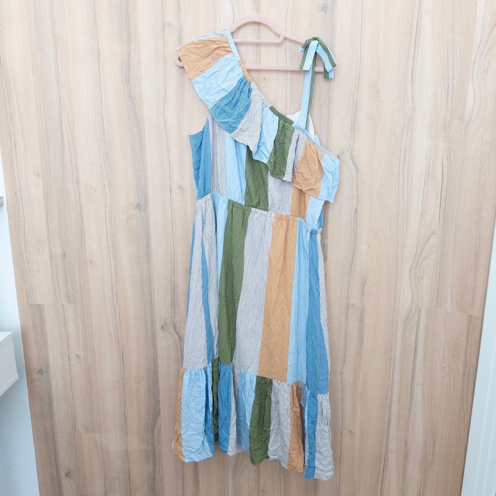 Lauren Conrad Tiered Maxi Dress XXL Stripe One Shoulder Cottage Coastal Boho - Picture 7 of 8